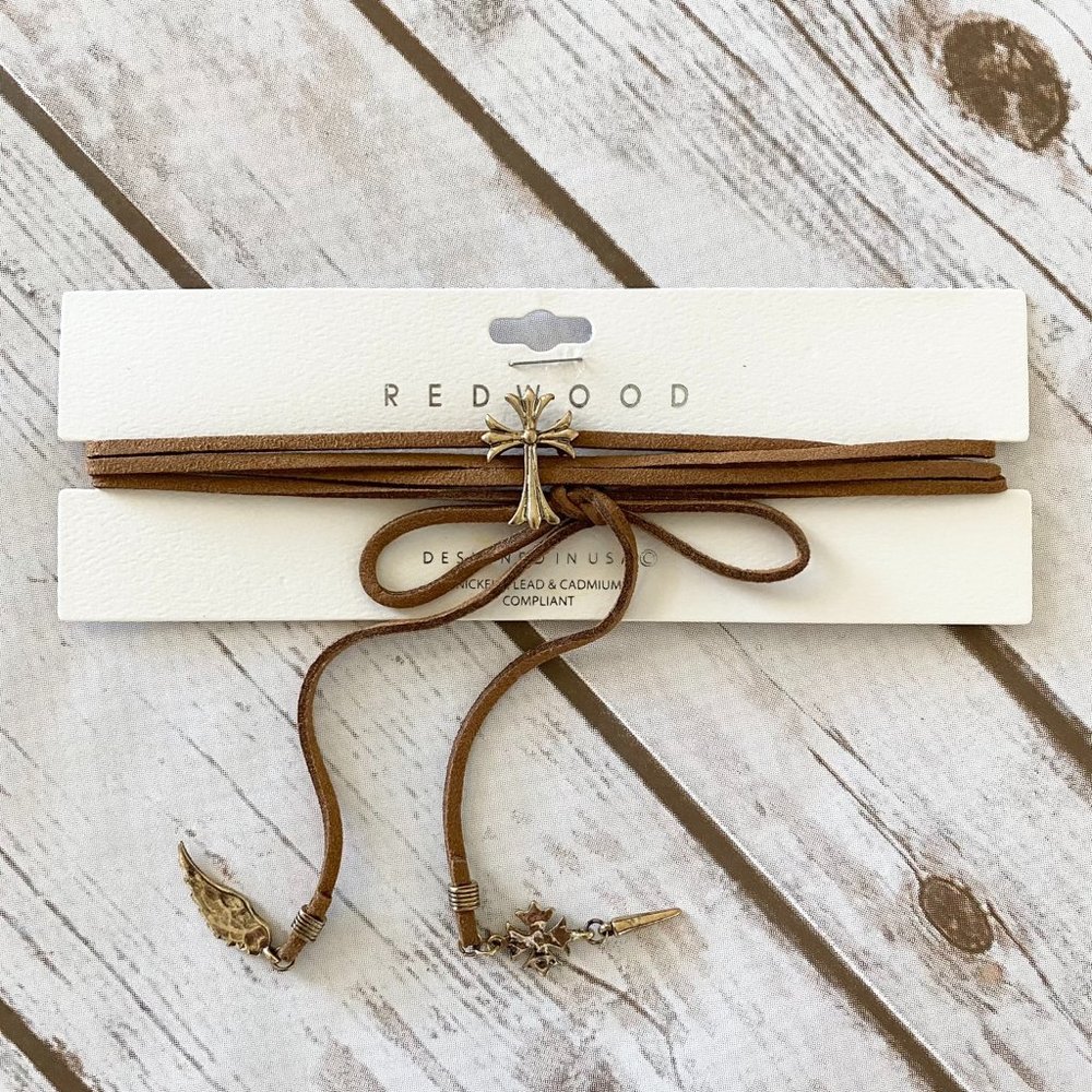 Redwood Women's Brown Suede Wrap Choker Necklace Patonce Cross Charm Tie Closure